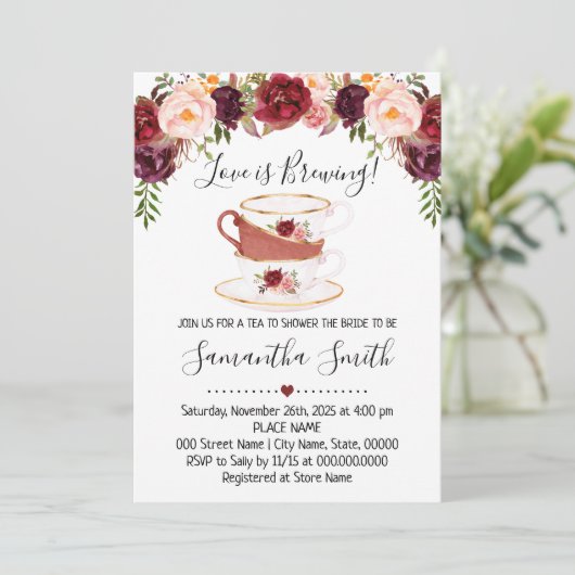 Liebe Braut Tee-Dusche Marsala Einladung (Stehend Vorderseite)