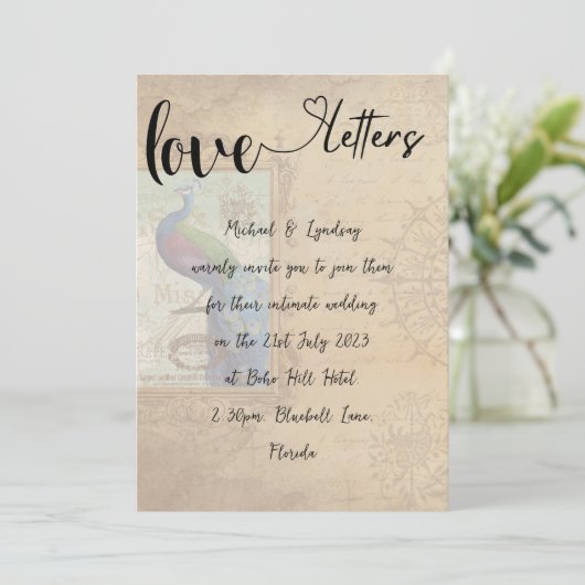 Liebe Briefe handgeschriebene Vintage Pfauenhochze Einladung (Stehend Vorderseite)