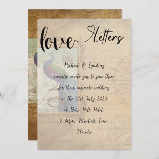 Liebe Briefe handgeschriebene Vintage Pfauenhochze Einladung (Vorne/Hinten)