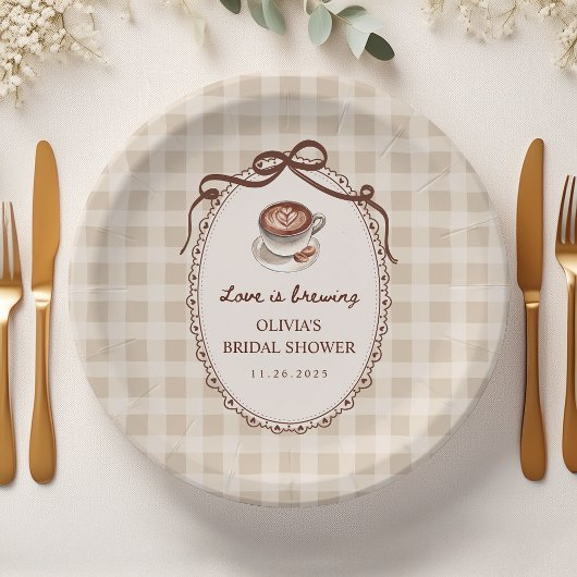 Liebe brodelt Gingham-Kaffee-Bridal-Shower Pappteller