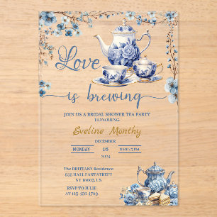 Liebe brodelt Party Delft Blau Floral Chinoiserie Acryleinladungen