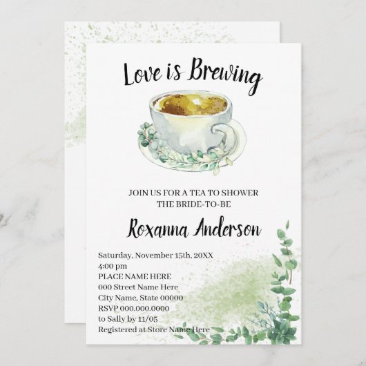 Liebe brütet Eukalyptus Tea Brautparty Einladung (Vorne/Hinten)