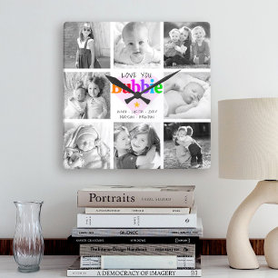 Liebe Bubbie Farbige moderne 8-Foto-Collage Quadratische Wanduhr