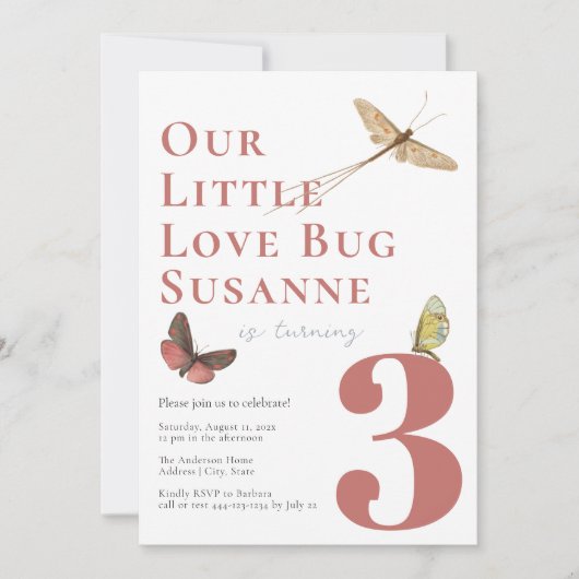 Liebe Bug Baby Girl Einladung zum zweiten Geburtst (Vorderseite)