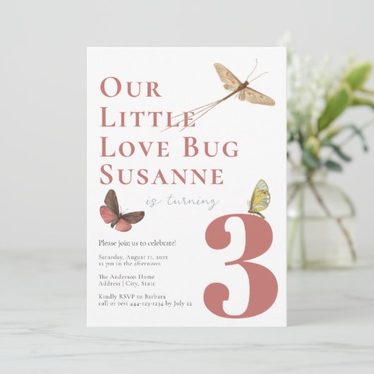 Liebe Bug Baby Girl Einladung zum zweiten Geburtst (Stehend Vorderseite)