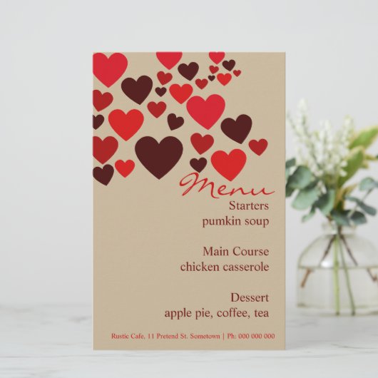 Liebe Cafe Wedding Menu Stationery (Stehend Vorderseite)