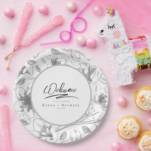 Liebe Calligraphy Wedding Floral Pattern Blk ID940 Pappteller (Party)