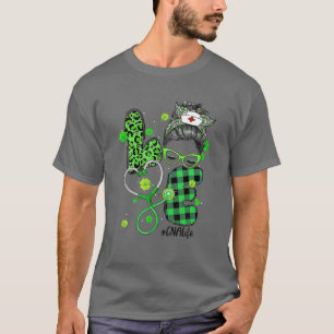 Liebe CNA Nurse Life Messy Bun Leopard Irish St Pa T-Shirt