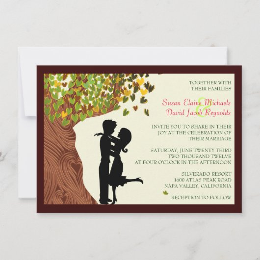 Liebe Couple Falling Hearts Eichenbaum Hochzeit Ei Einladung (Vorderseite)