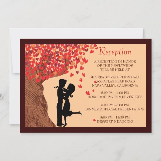 Liebe Couple Falling Hearts Oak Tree Empfang Card Einladung (Vorderseite)