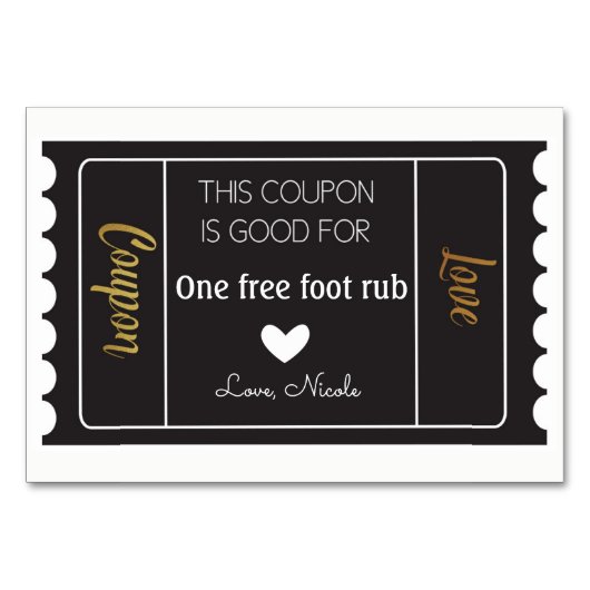 Liebe-Coupons in Schwarz und Gold Tischnummer (Vorderseite)