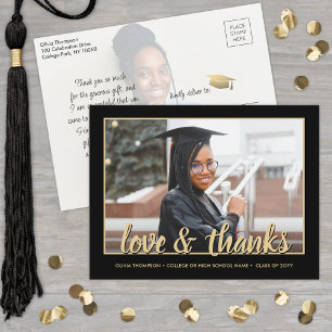 Liebe & Dank 2 Foto Black and Gold Abschluss Postkarte