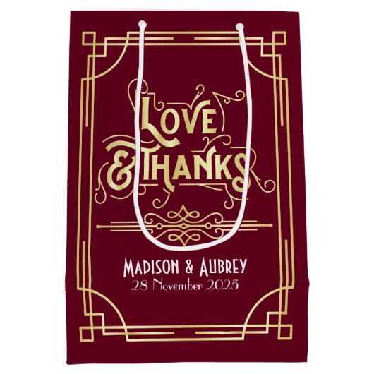 Liebe & Dank Art Deco Wedding Gold Burgund Mittlere Geschenktüte (Rückseite)