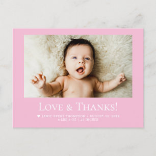 Liebe & Dank Baby-Fotoankündigung in Rosa Postkarte