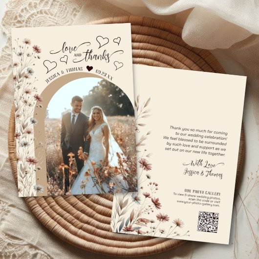 Liebe Dank Boho Wildblumen Foto QR Code Hochzeit Dankeskarte