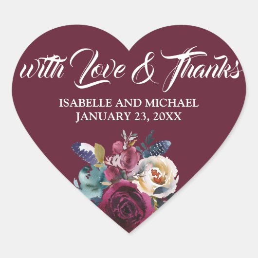 Liebe & Dank Burgund, White Wedding Herz-Aufkleber (Vorderseite)