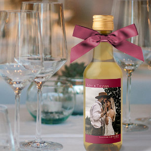 Liebe & Dank Cranberry Red Wedding Foto Mini Weinetikett