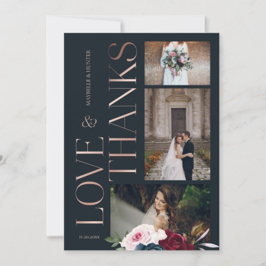 Liebe & Dank der Burgundy Navy Florals Drei Fotos Dankeskarte (Vorderseite)