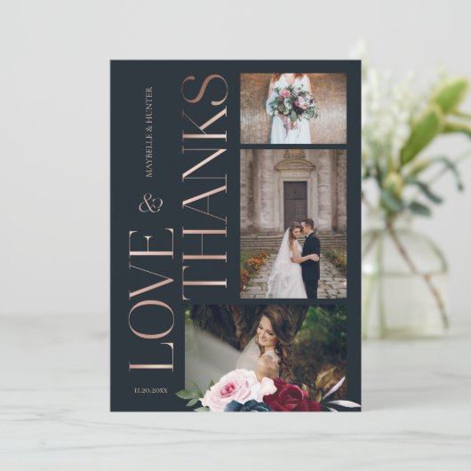 Liebe & Dank der Burgundy Navy Florals Drei Fotos Dankeskarte (Stehend Vorderseite)