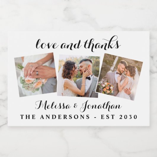 Liebe & Dank Elegant 3 Foto Braut Groom Wedding Schaumweinetikett (Einzelnes Label)