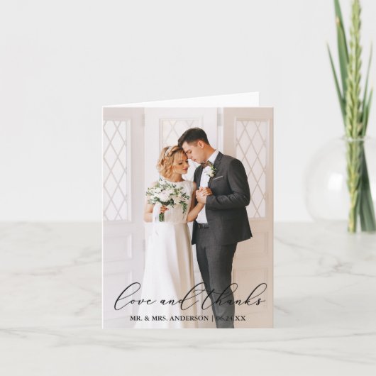 Liebe dank Elegant Calligraphy Wedding Foto Hinwei Dankeskarte (Vorderseite)