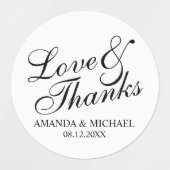 'Liebe & Dank' Elegante Script-Gastgeschenk Hochze Etiketten (Design 1)