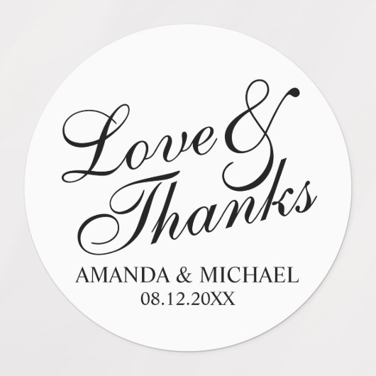 'Liebe & Dank' Elegante Script-Gastgeschenk Hochze Etiketten (Design 3)