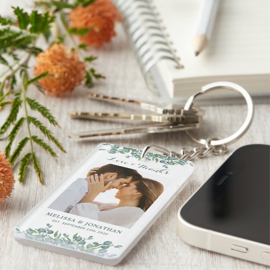 Liebe & Dank Eucalyptus Greenerity Foto Wedding Schlüsselanhänger (Vorderseite rechts)