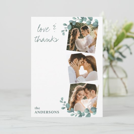 Liebe Dank Eucalyptus Greenery 3 Foto Wedding Dankeskarte (Stehend Vorderseite)