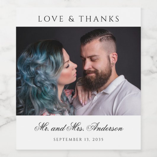 Liebe & Dank formaler Black Script Foto Hochzeit Weinetikett (Einzelnes Label)