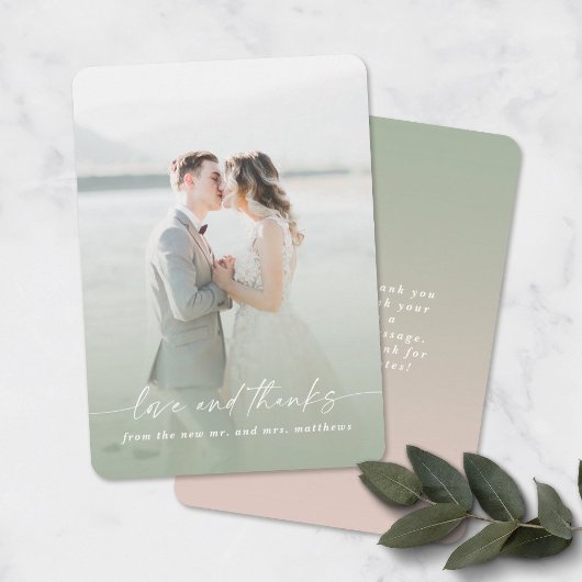 Liebe & Dank Green & Pink Wedding Foto Overlay Dankeskarte