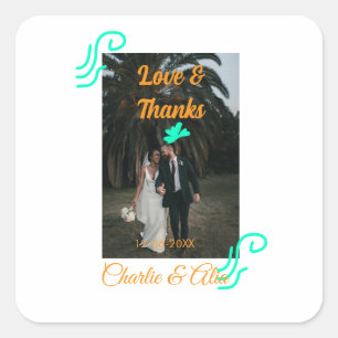 Liebe & Dank Hochzeitskärtchen Foto modern hinzufü Quadratischer Aufkleber