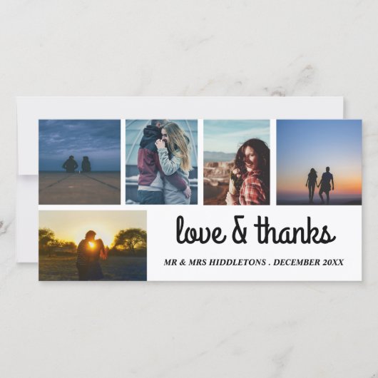 Liebe & Dank Hochzeitsschrift fünf FotoCollage Dankeskarte (Vorderseite)