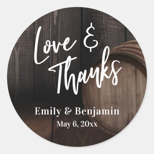 Liebe & Dank Lässiger Typografie mit Holzfässern Runder Aufkleber (Vorderseite)