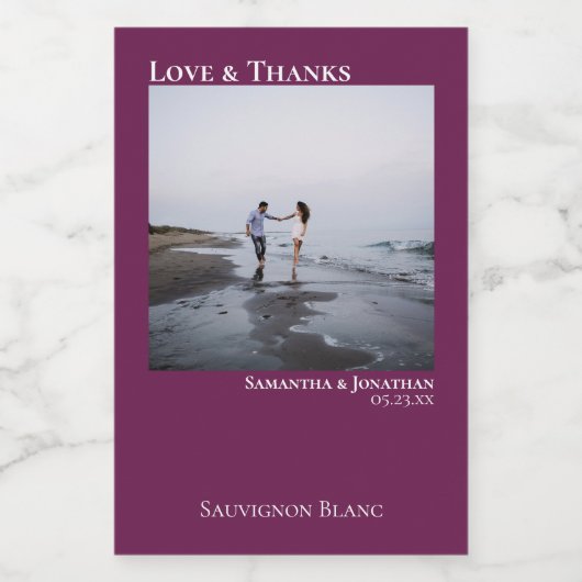 Liebe & Dank Magenta oder Berry Wedding Foto Mini Weinetikett (Einzelnes Label)