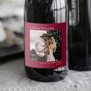 Liebe & Dank Minimal Cranberry Red Foto Hochzeit Schaumweinetikett