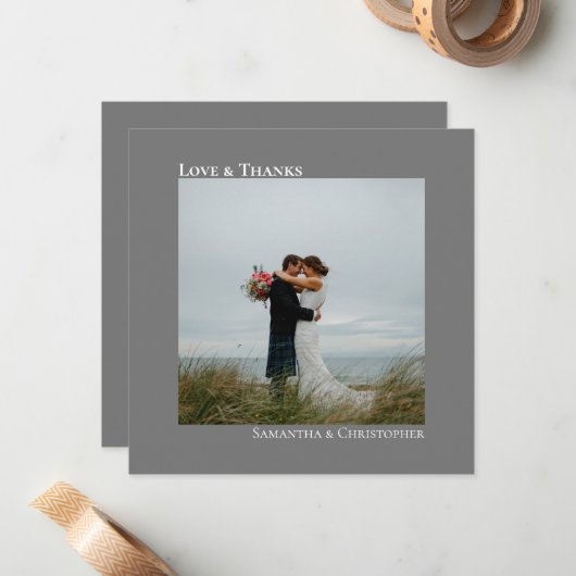 Liebe & Dank Minimal Gray Wedding Foto Vielen Dank Mitteilungskarte (Vorderseite/Rückseite Beispiel)