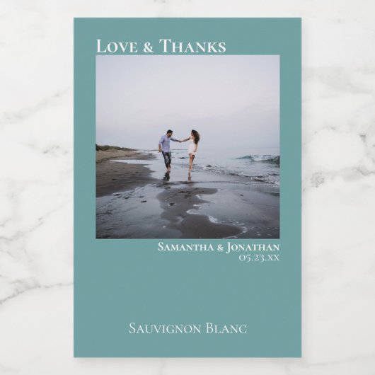 Liebe & Dank Minimalistischen Aquamarinen Hochzeit Weinetikett (Einzelnes Label)