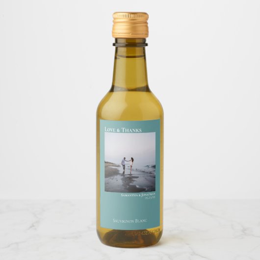 Liebe & Dank Minimalistischen Aquamarinen Hochzeit Weinetikett (Vorderseite)