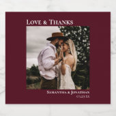 Liebe & Dank Minimalistischer Burgunder Foto Hochz Schaumweinetikett (Einzelnes Label)