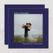 Liebe & Dank Minimalistisches Blue Wedding Foto Dankeskarte (Vorne/Hinten)