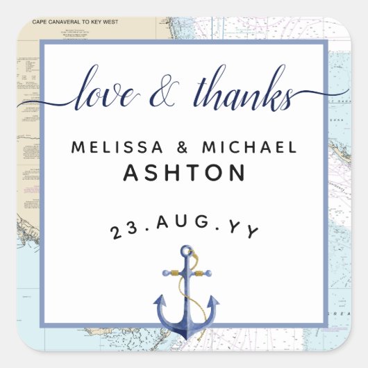 Liebe & Dank Nautical Anchor Hochzeit | Florida Quadratischer Aufkleber (Vorderseite)