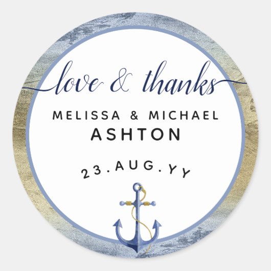 Liebe & Dank #Nautical Blue & Gold #Gastgeschenk H Runder Aufkleber (Vorderseite)