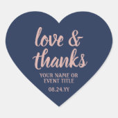 Liebe & Dank Navy Blue & Pink Einfaches Script Herz-Aufkleber (Vorderseite)