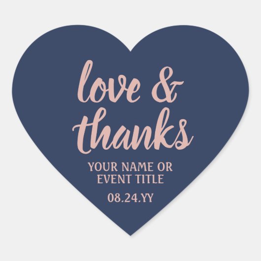 Liebe & Dank Navy Blue & Pink Einfaches Script Herz-Aufkleber (Vorderseite)