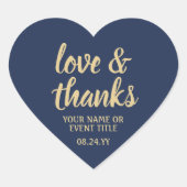 Liebe & Dank Navy Blue und Gold Einfache Skripte Herz-Aufkleber (Vorderseite)