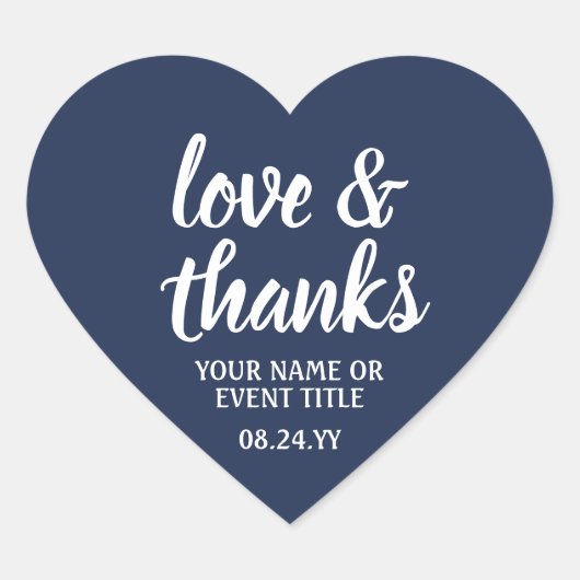 Liebe & Dank Navy Blue & White Simple Script Herz-Aufkleber (Vorderseite)