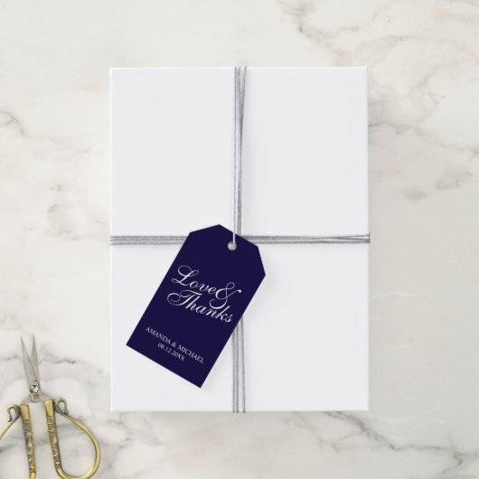 'Liebe & Dank' Navy & White Gastgeschenk Hochzeit Geschenkanhänger (Mit Garn)