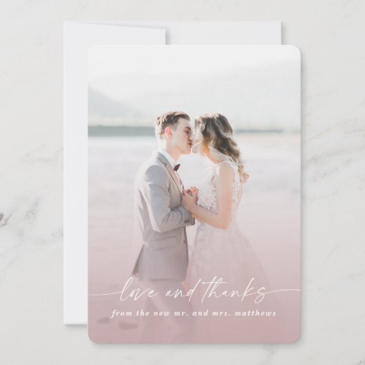 Liebe & Dank Ombre Mauve Wedding Foto Overlay Dankeskarte (Vorderseite)