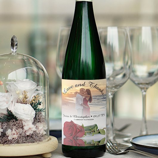 Liebe & Dank Romantische Rote Rose Hochzeit Foto Weinetikett